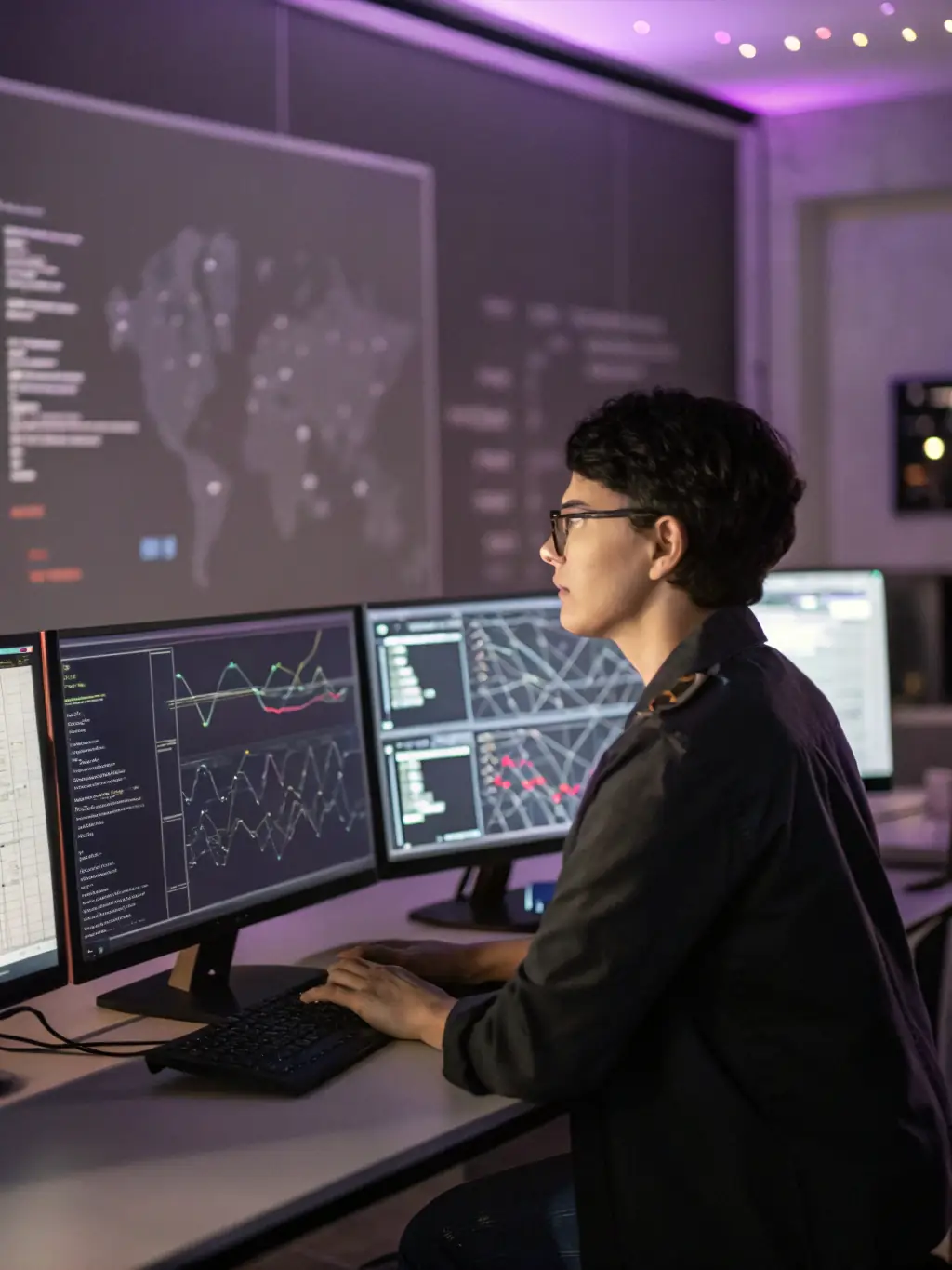 A network engineer monitoring system security on multiple screens, illustrating StartUpScaler's proactive approach to protecting client data and infrastructure.