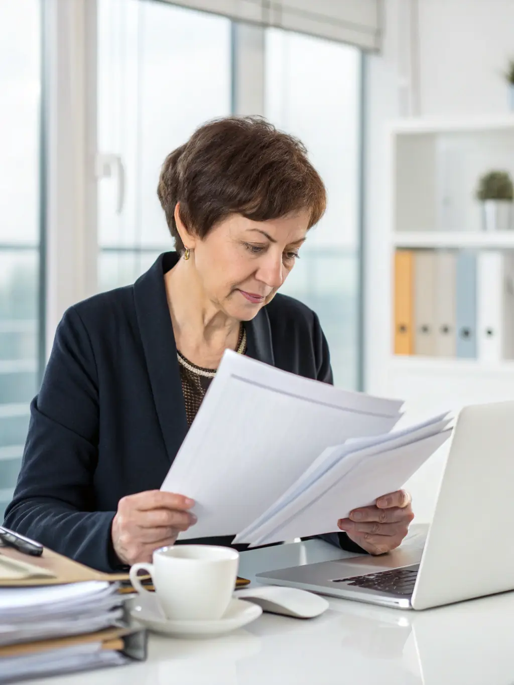 A professional businesswoman reviewing compliance documents in a modern office setting, symbolizing StartUpScaler's commitment to ensuring businesses meet regulatory standards.